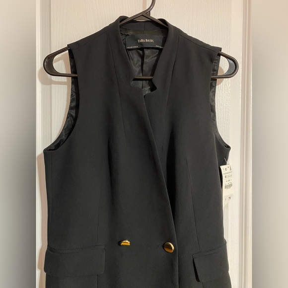 NWT Zara Mini V Neck Buttoned Pockets Sleeveless Preppy Vest Dress Size Medium - Picture 5 of 16